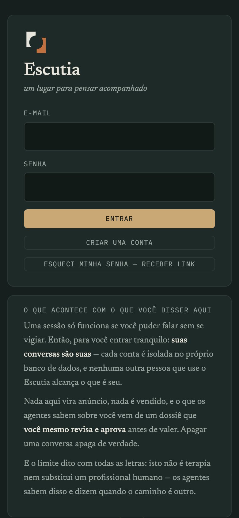 Tela de entrada do Escutia, com campos de e-mail e senha