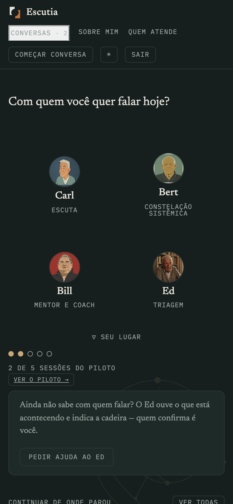 Tela de escolha, com os retratos de Carl, Bert, Bill e Ed
