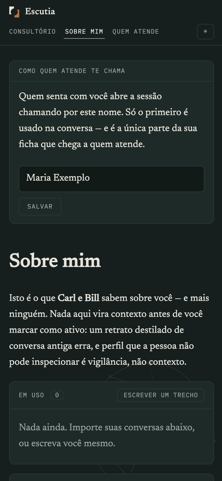 A página Sobre mim, com o campo de nome
